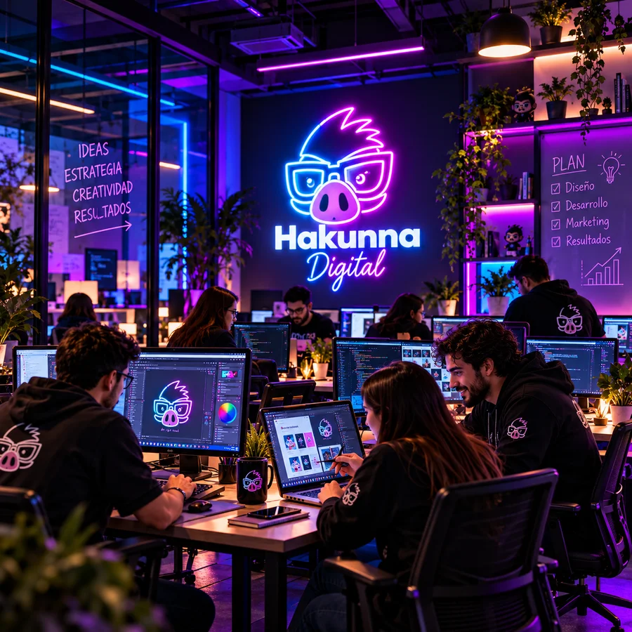 Equipo de Hakunna Digital trabajando en la oficina frente al letrero de neón de la marca